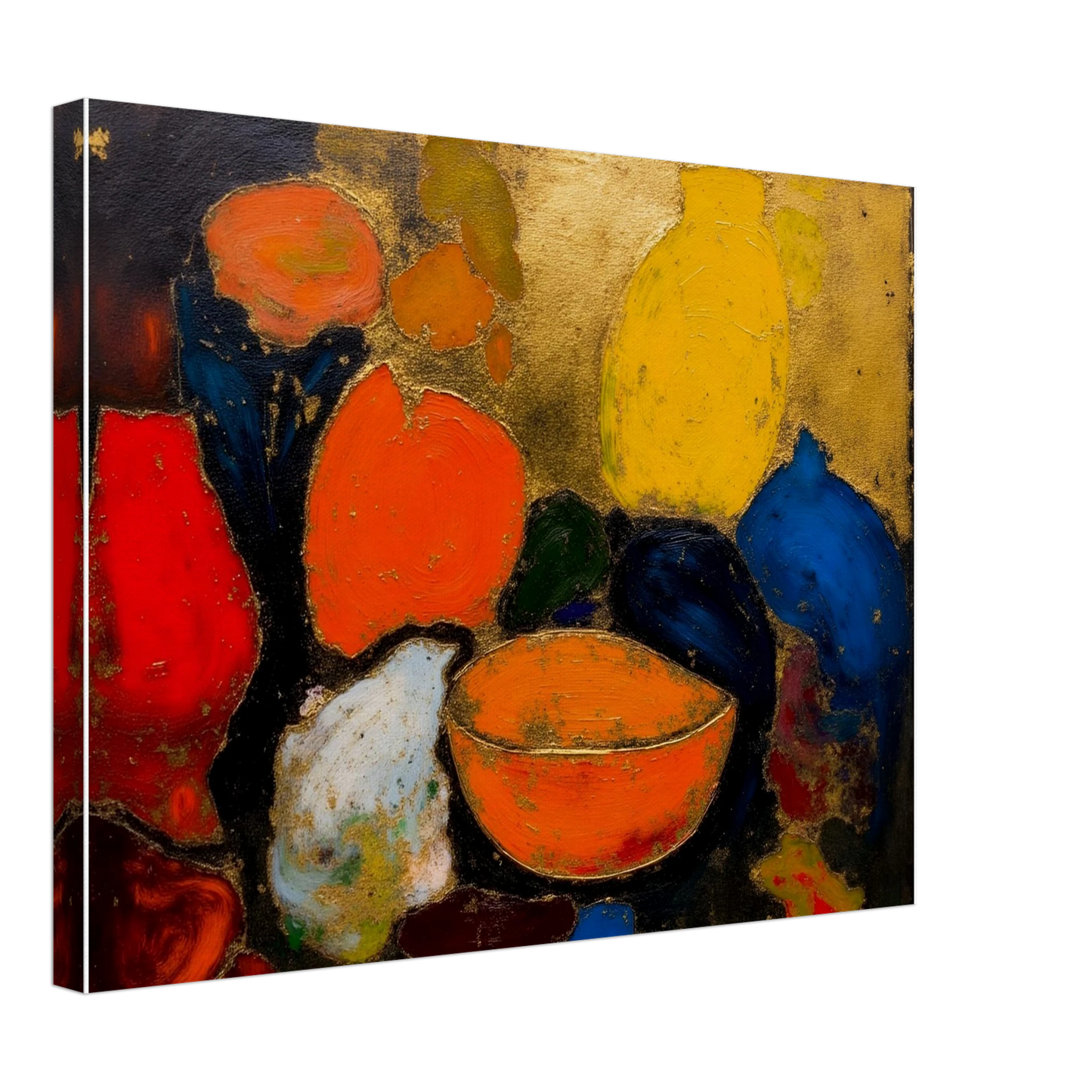 Colorful still life with yellow and blue vases, orange bowl, red fruit, and dark textured background.