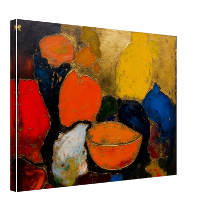 Colorful still life with yellow and blue vases, orange bowl, red fruit, and dark textured background.
