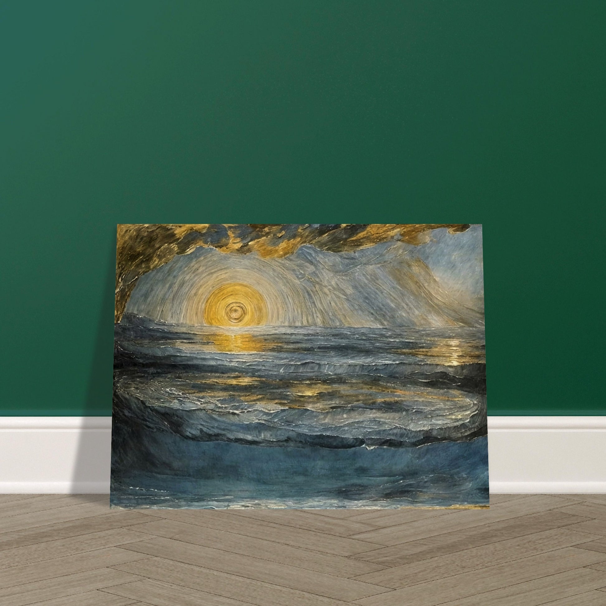 A stunning seascape painting with a radiant golden sun reflecting on the rippling waves, surrounded by dramatic clouds and cool blue tones.