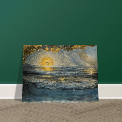 A stunning seascape painting with a radiant golden sun reflecting on the rippling waves, surrounded by dramatic clouds and cool blue tones.