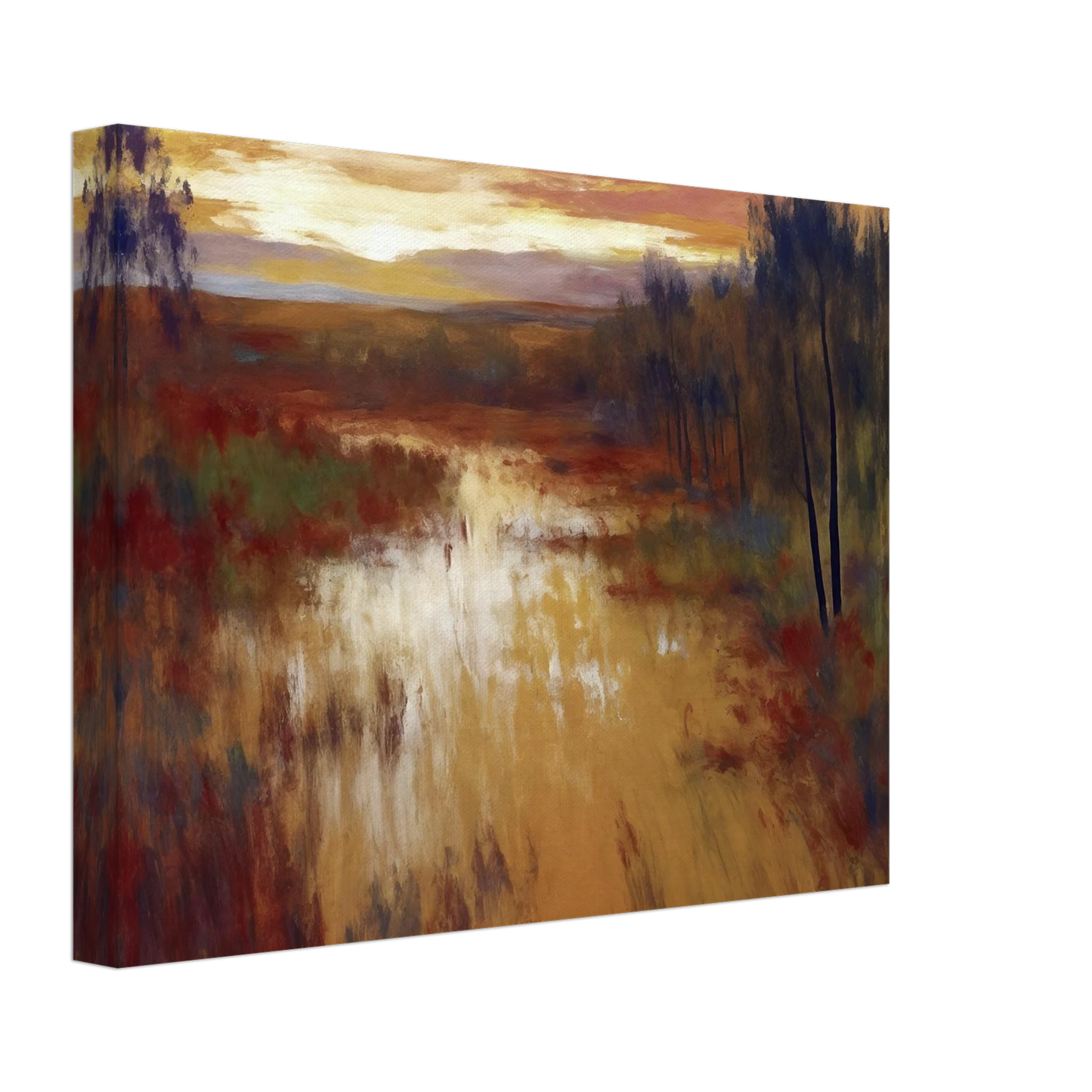 An atmospheric landscape painting depicting a calm marsh or river at sunset, with golden reflections on the water, autumn-toned grasses, and a line of slender trees beneath a glowing evening sky.
