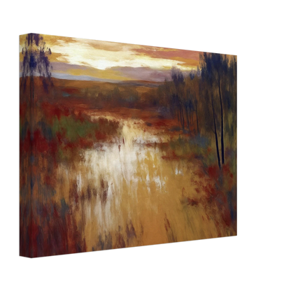 An atmospheric landscape painting depicting a calm marsh or river at sunset, with golden reflections on the water, autumn-toned grasses, and a line of slender trees beneath a glowing evening sky.
