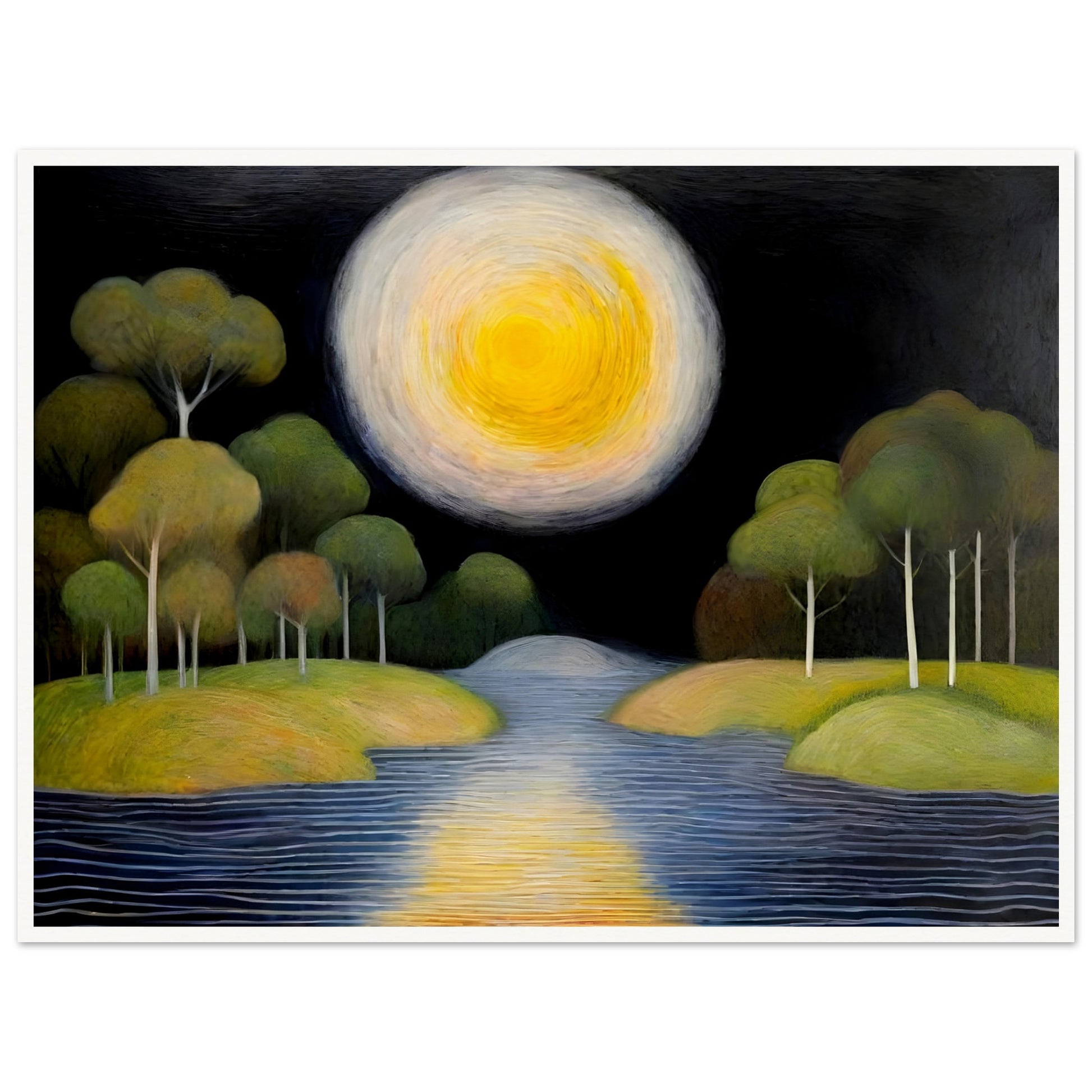 A dreamlike night scene featuring a glowing golden moon over a calm river, surrounded by lush green trees on rolling islands, reflecting a soft celestial light.