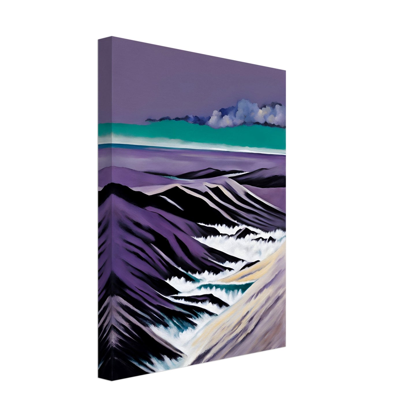 A striking seascape with deep purple mountains, foamy white waves, and a teal horizon beneath dramatic cloud formations.