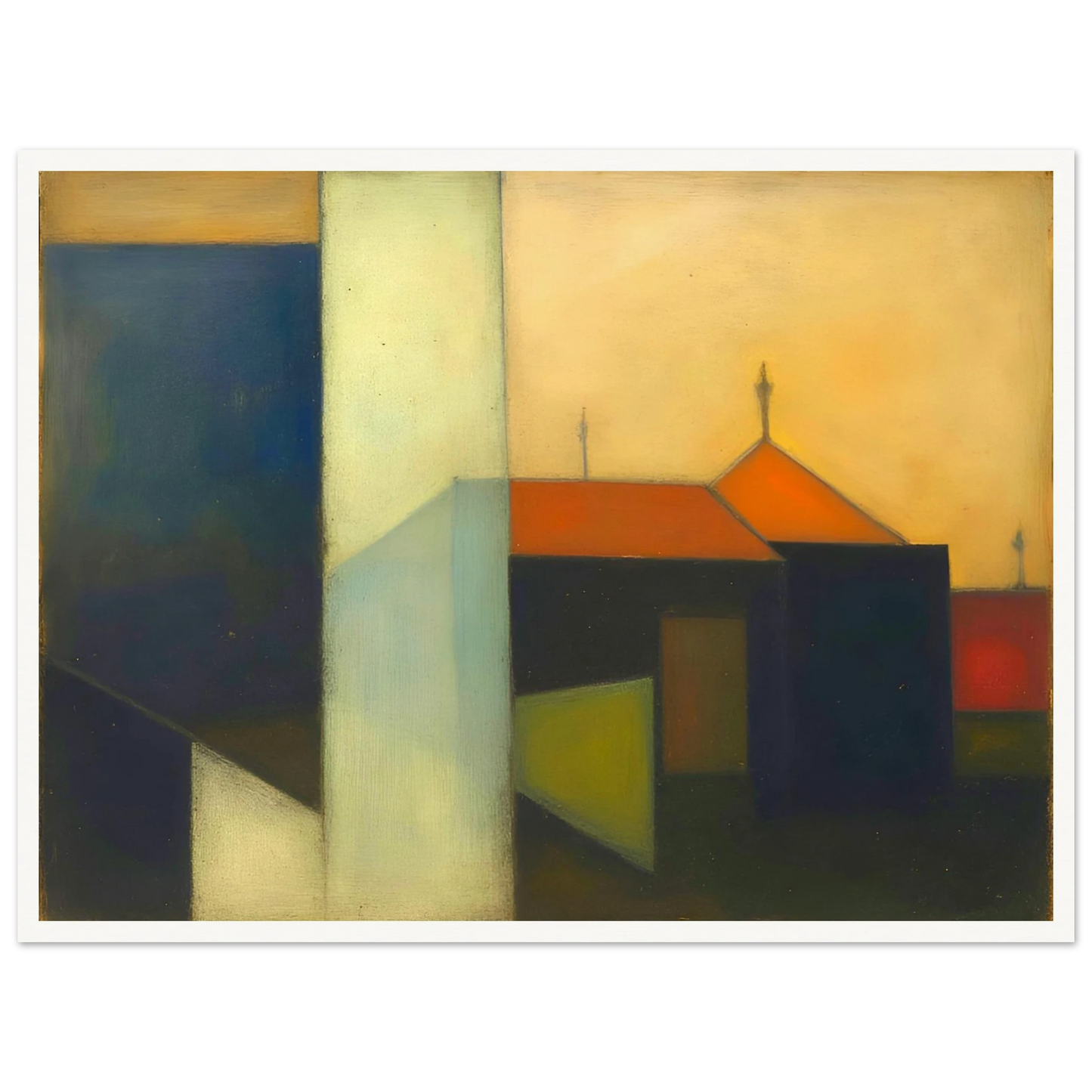 A minimalist expressionist townscape featuring geometric buildings in deep blue, cream, and black tones, accented by warm orange rooftops beneath a glowing golden sky.