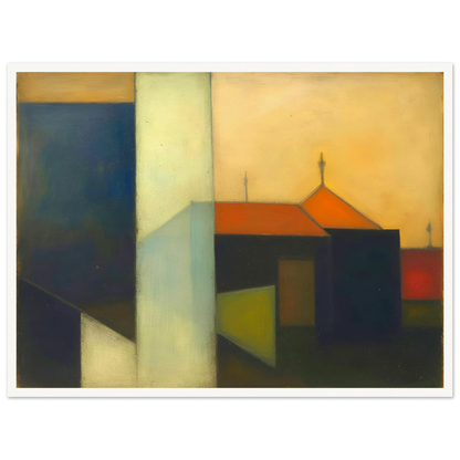 A minimalist expressionist townscape featuring geometric buildings in deep blue, cream, and black tones, accented by warm orange rooftops beneath a glowing golden sky.