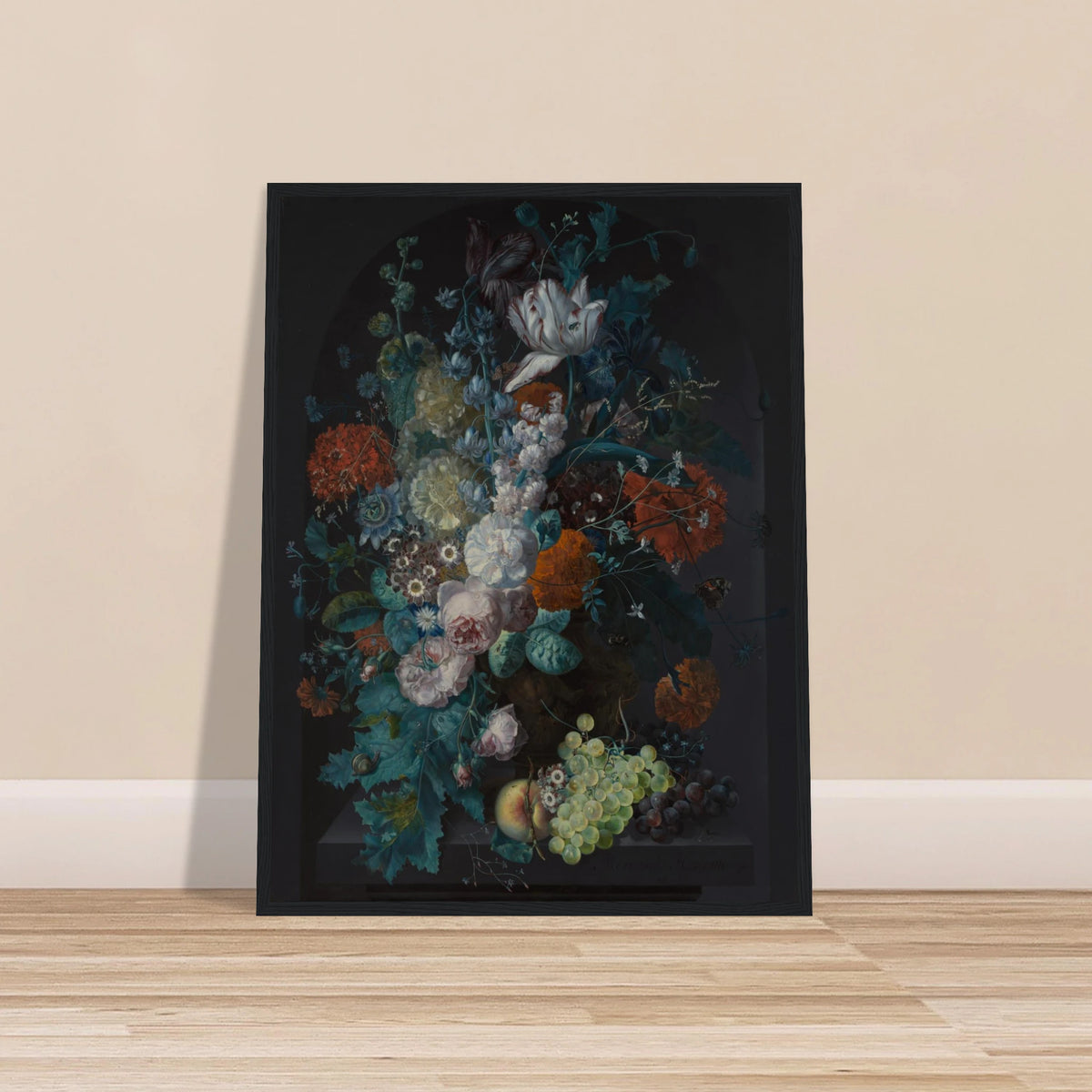 Lavish bouquet of tulips, roses, and peonies with grapes and peaches against a dark background.