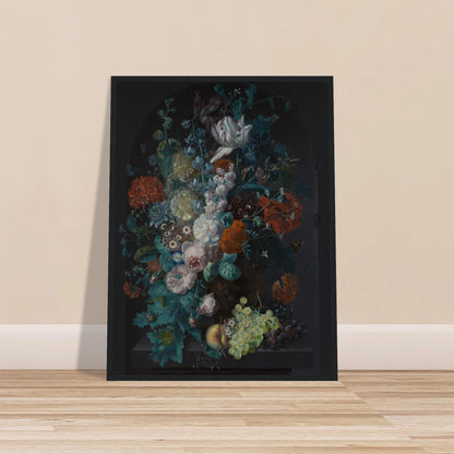 Lavish bouquet of tulips, roses, and peonies with grapes and peaches against a dark background.