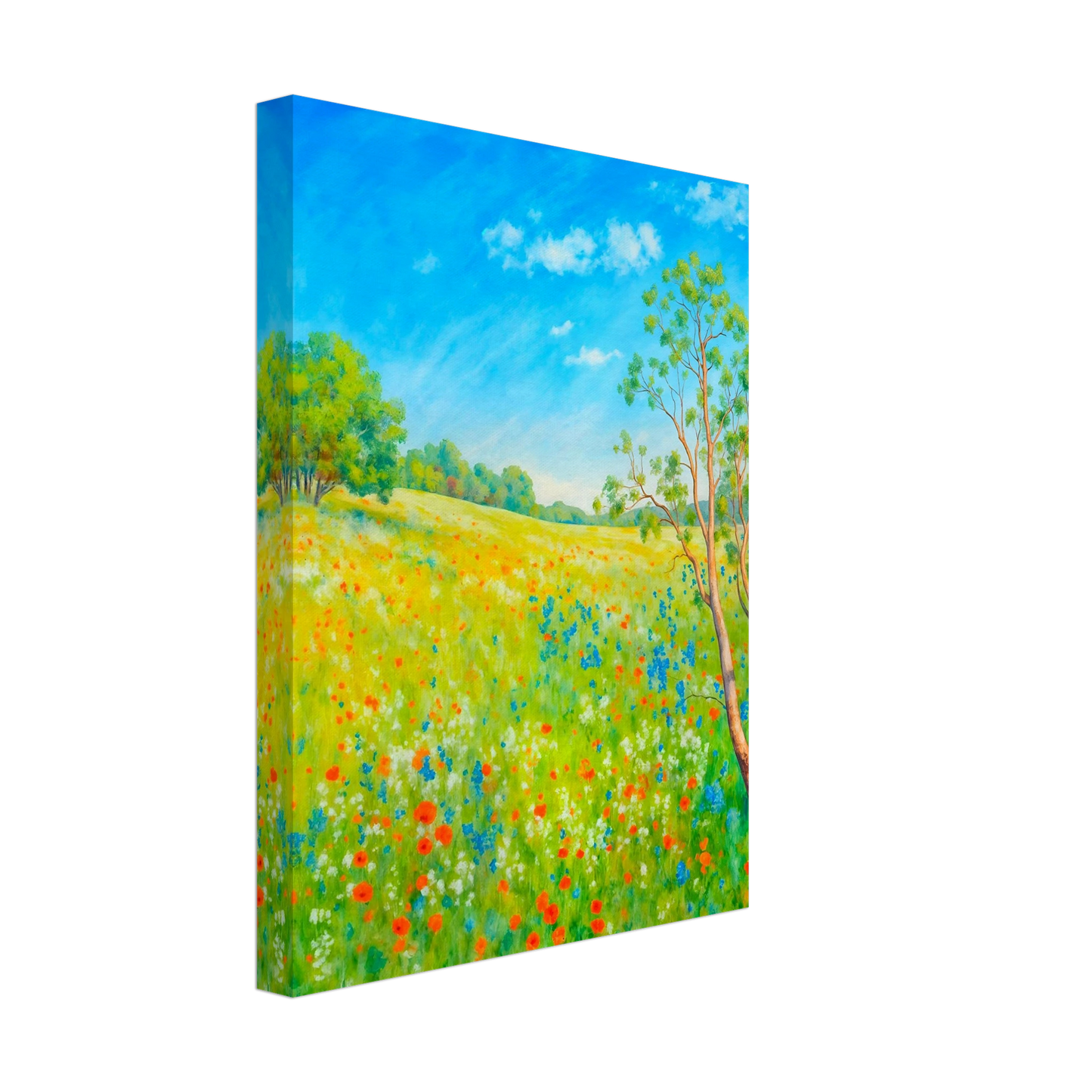 Bright wildflower meadow under clear blue sky with delicate trees, colorful blossoms, and sunlit greenery stretching across a serene spring landscape.