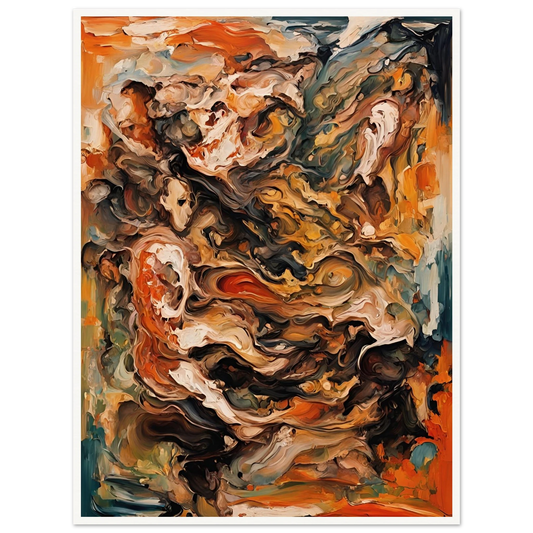 An intense, swirling painting of fiery tones and abstract human-like forms emerging from textured waves of ochre, rust, and charcoal.