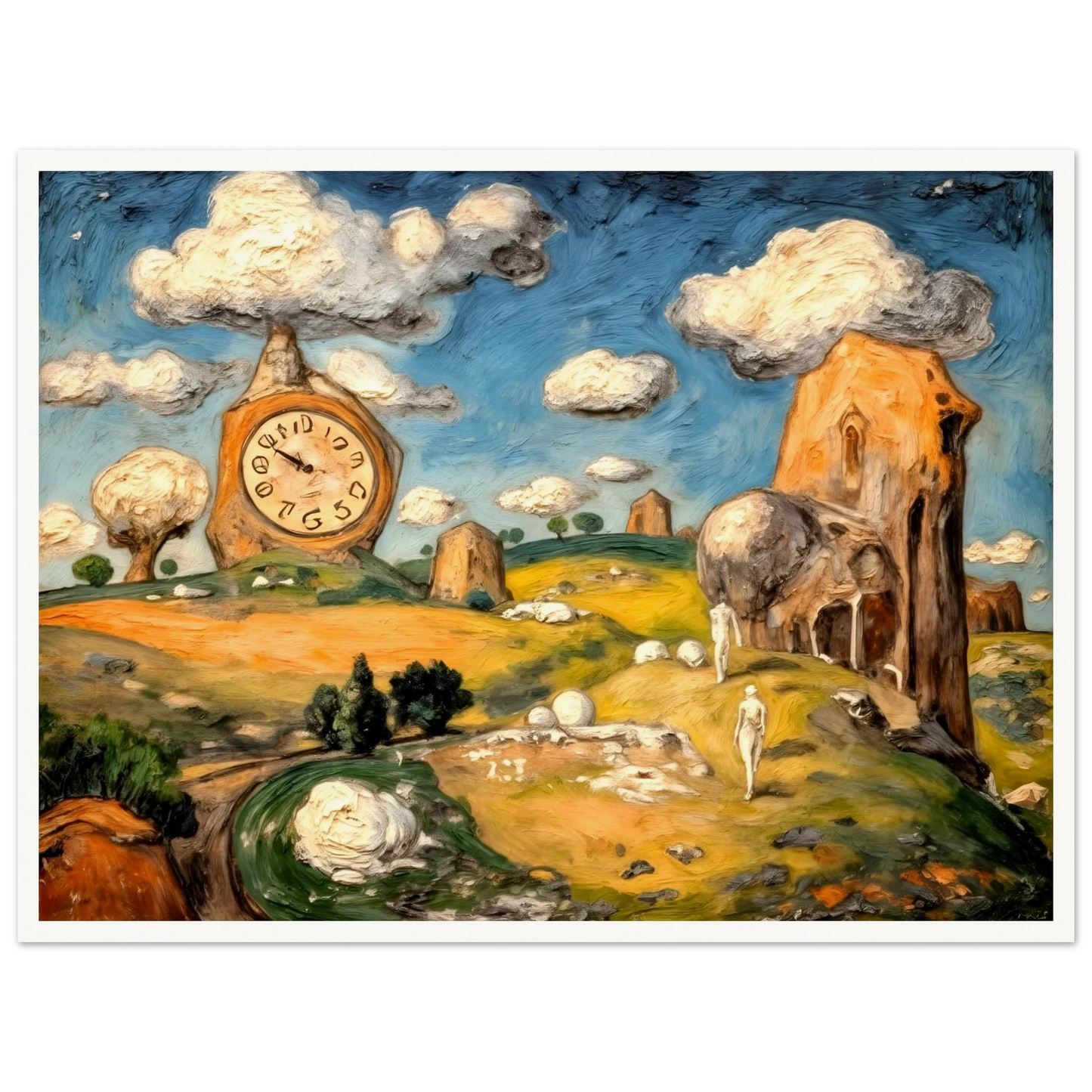 A surreal fantasy landscape featuring a distorted clock tower, cloud-capped buildings, rolling hills, and wandering figures beneath a bright blue sky filled with floating clouds.