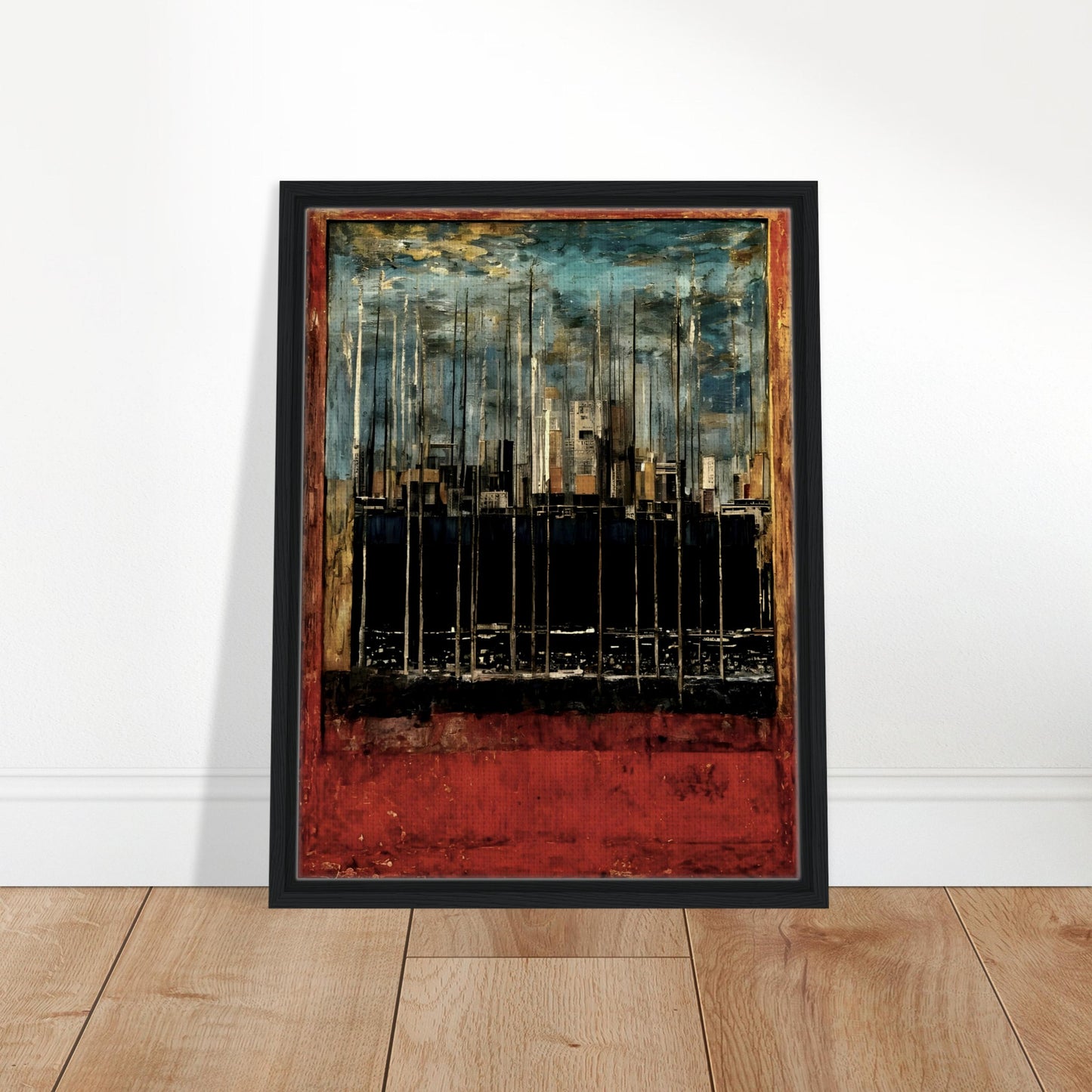 A textured cityscape with towering structures, deep red and blue hues, and an abstract urban skyline, framed in a rustic border.