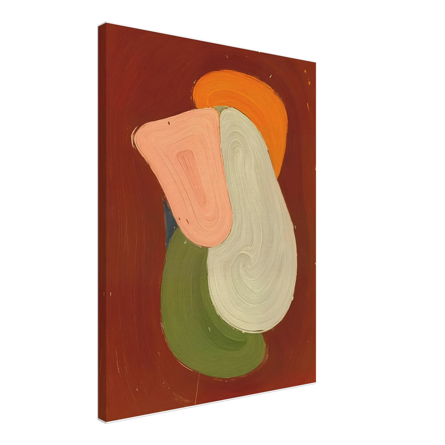 Bold layered organic figure in blush, ivory, olive, and amber rises against a deep rust field with sculptural modern presence.
