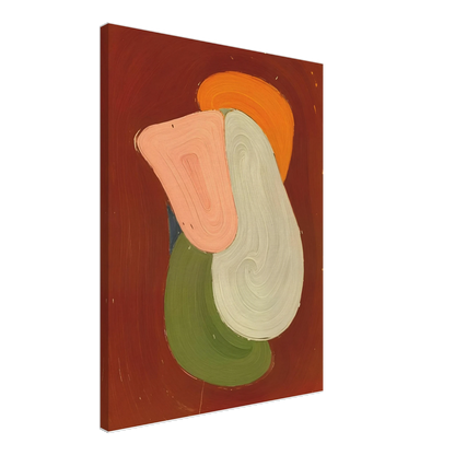 Bold layered organic figure in blush, ivory, olive, and amber rises against a deep rust field with sculptural modern presence.