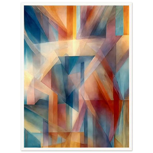 An abstract geometric artwork with interlocking shapes in warm oranges, reds, and cool blues, blending together to create a sense of depth and shifting light.