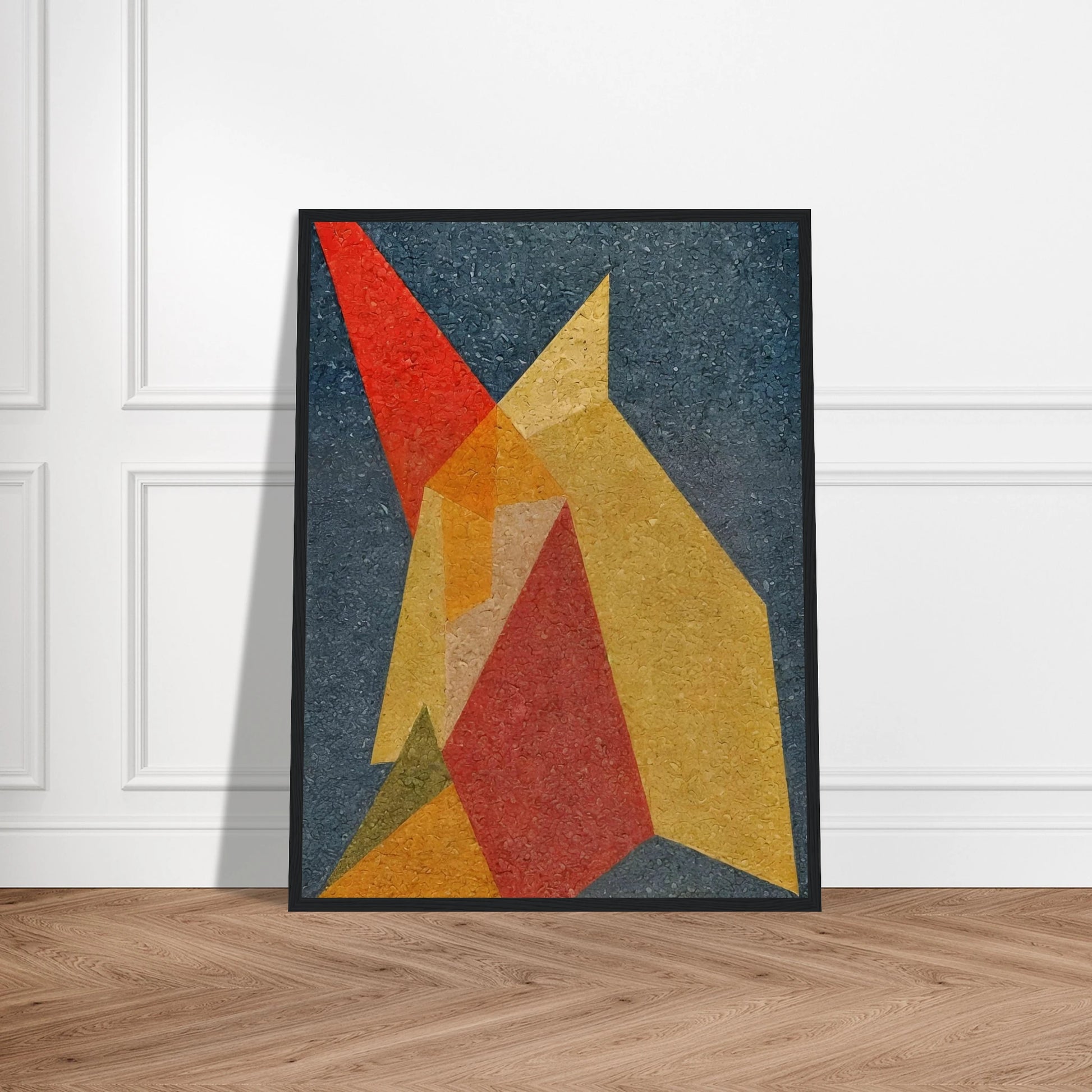 Bold overlapping polygons in red, yellow, and orange intersect over a textured navy background, evoking fiery movement and tension.