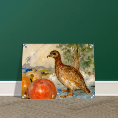 A brown bird stands beside ripe apples in a soft countryside setting, blending still life with gentle pastoral charm.