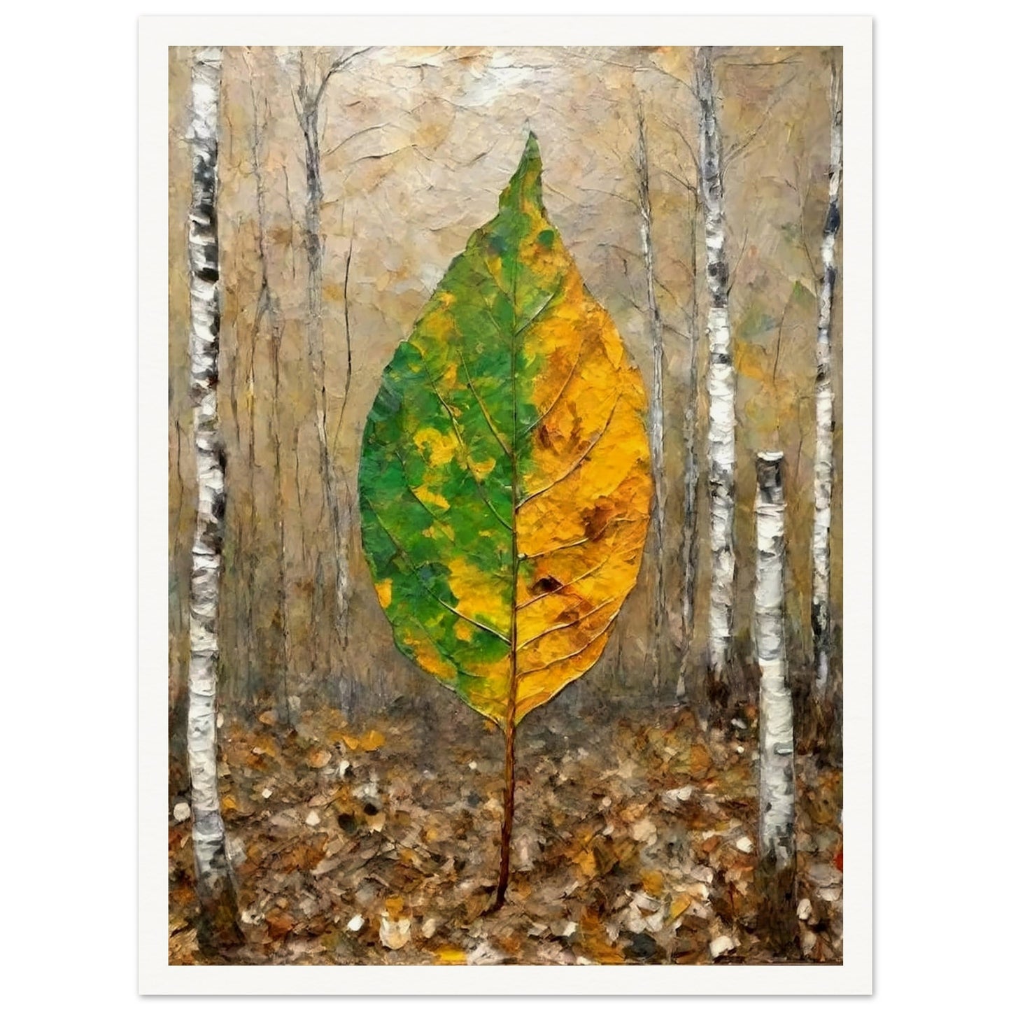 A large leaf, half green and half yellow, stands upright in a birch forest, symbolizing the transition between seasons with soft autumnal tones.