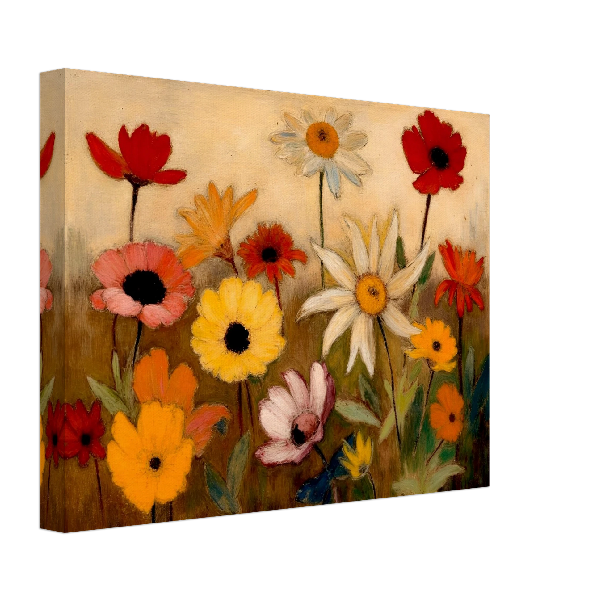 White daisies, red poppies, and golden flowers bloom across a warm meadow scene.