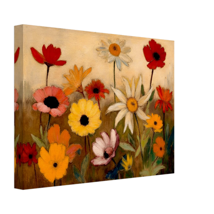 White daisies, red poppies, and golden flowers bloom across a warm meadow scene.