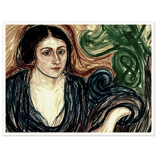 A contemplative portrait of a woman with dark hair, dressed in a flowing blue robe, surrounded by swirling patterns of green and brown.