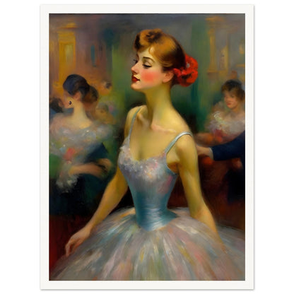 A captivating portrait of a ballerina in a pastel gown with a red flower in her hair, exuding grace and elegance in a dimly lit ballroom.