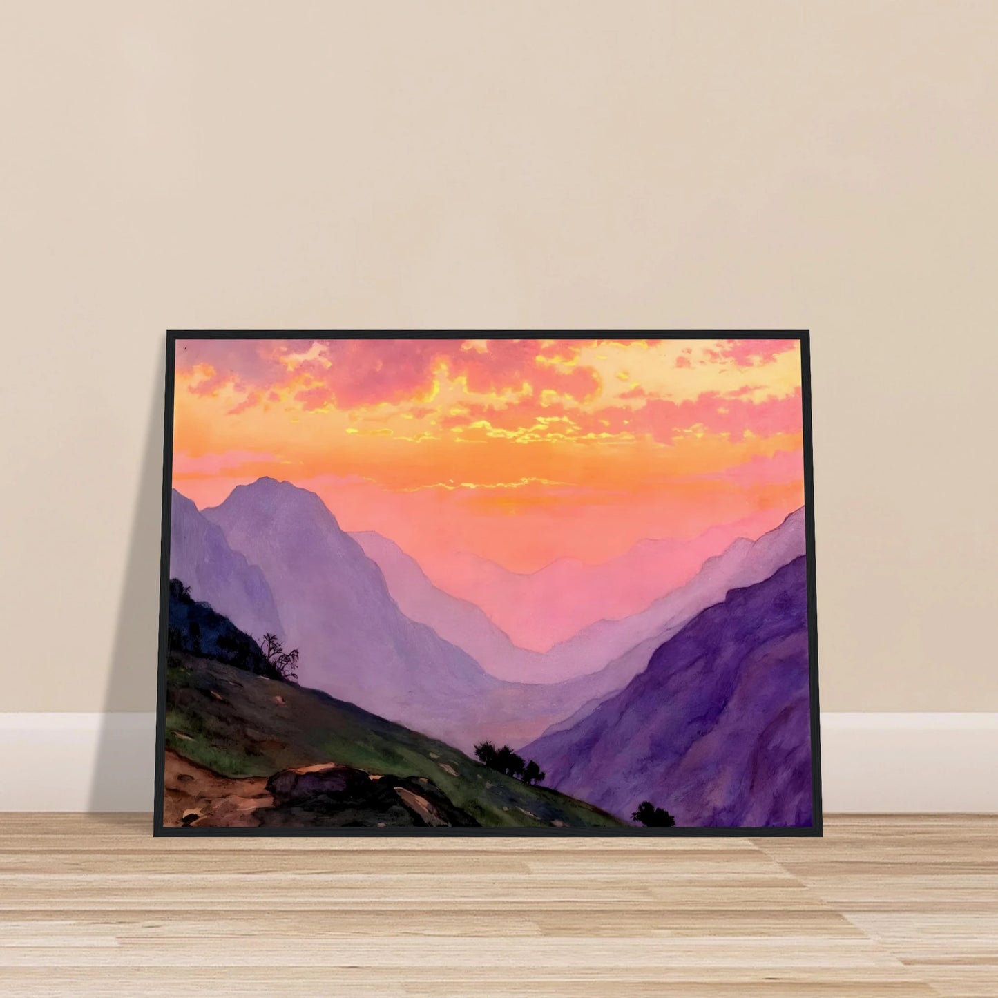 A dreamy mountain valley bathed in pink and golden sunset light, with layered violet peaks fading into the distance.