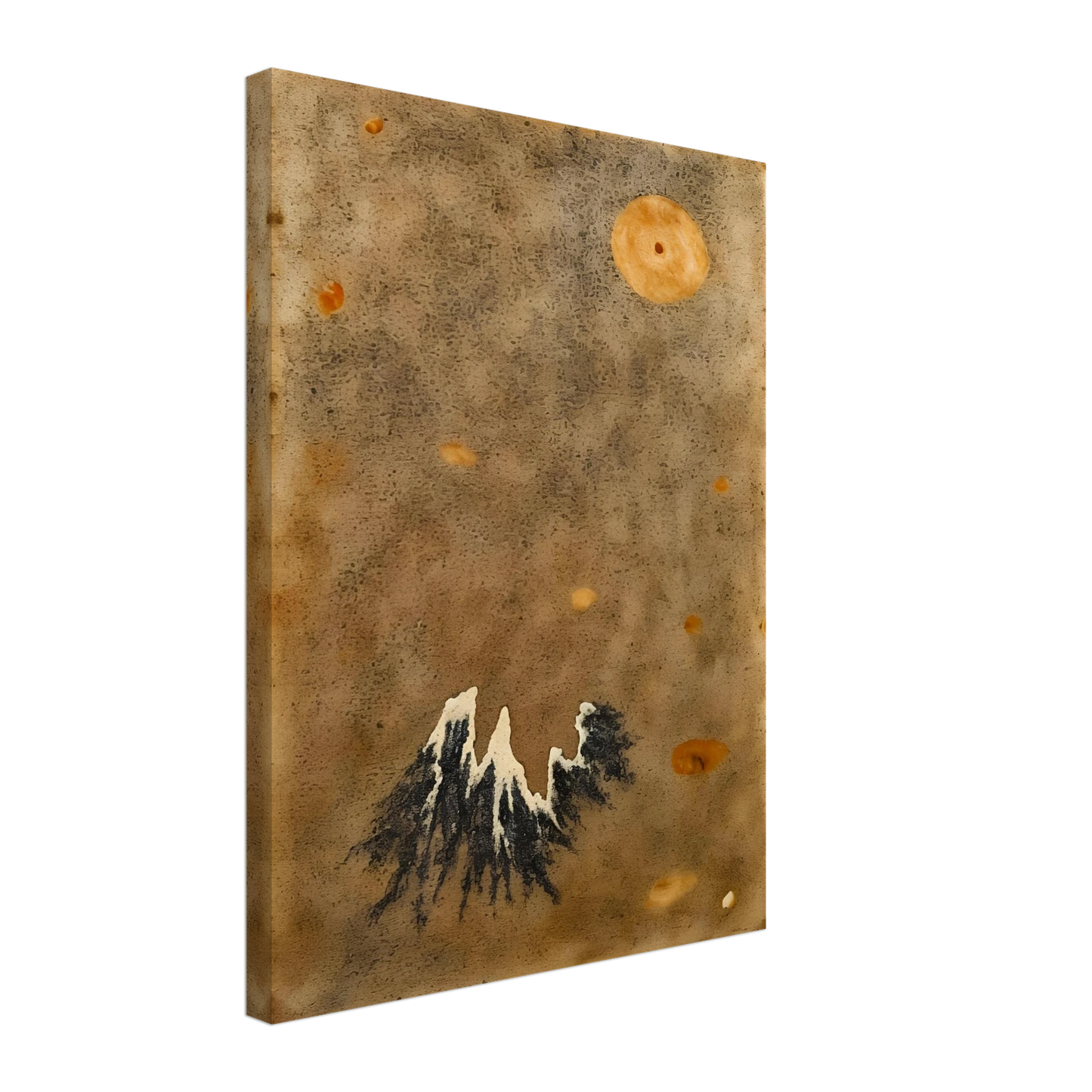 Snow-capped black mountain rises below a hazy orange moon in a muted, dust-toned sky.