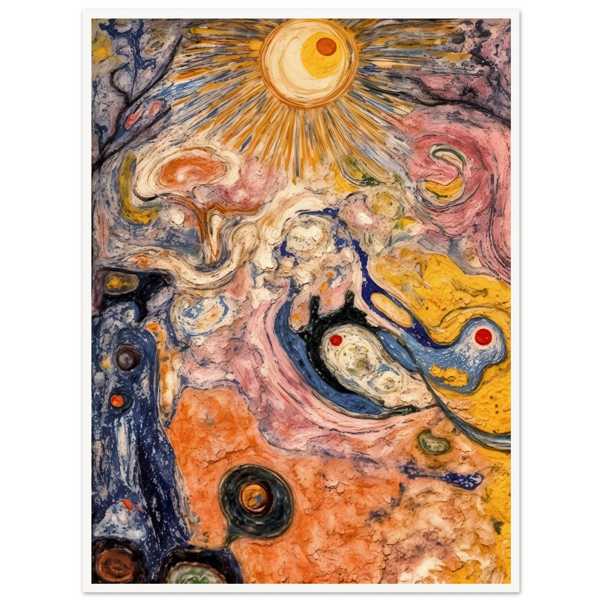 An abstract cosmic-inspired painting featuring a radiant sunburst at the top, swirling organic forms, flowing textures, and vibrant hues of gold, pink, blue, cream, and black that evoke a dreamlike universe in motion.