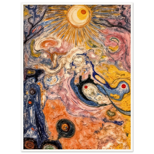 An abstract cosmic-inspired painting featuring a radiant sunburst at the top, swirling organic forms, flowing textures, and vibrant hues of gold, pink, blue, cream, and black that evoke a dreamlike universe in motion.