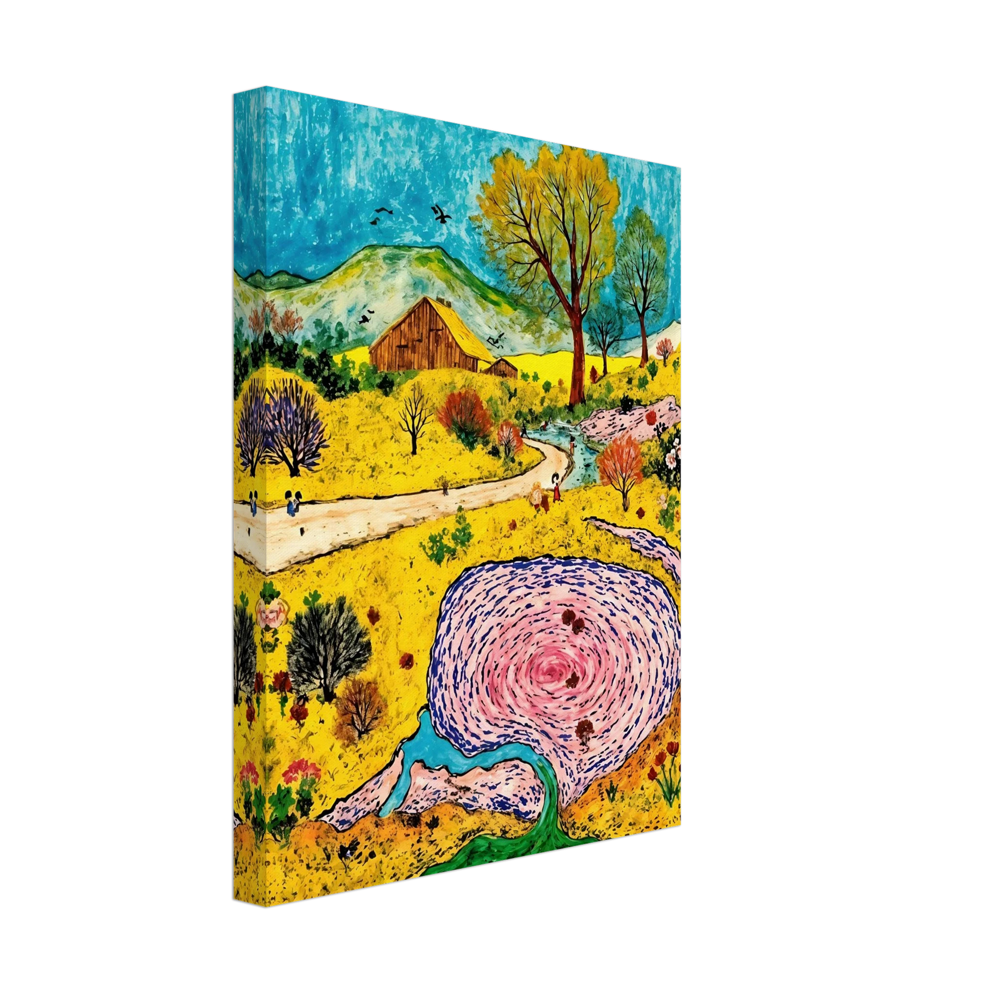 Colorful countryside with a rustic barn, winding stream, blooming trees, and a swirling pink pond beneath blue skies.