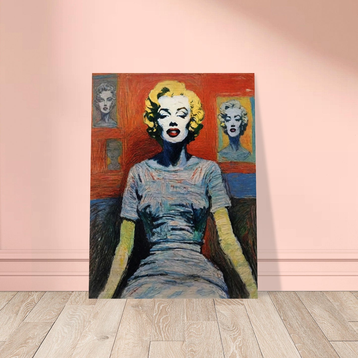 A colorful painting of a woman with blonde hair and vibrant makeup, inspired by the style of Marilyn Monroe.