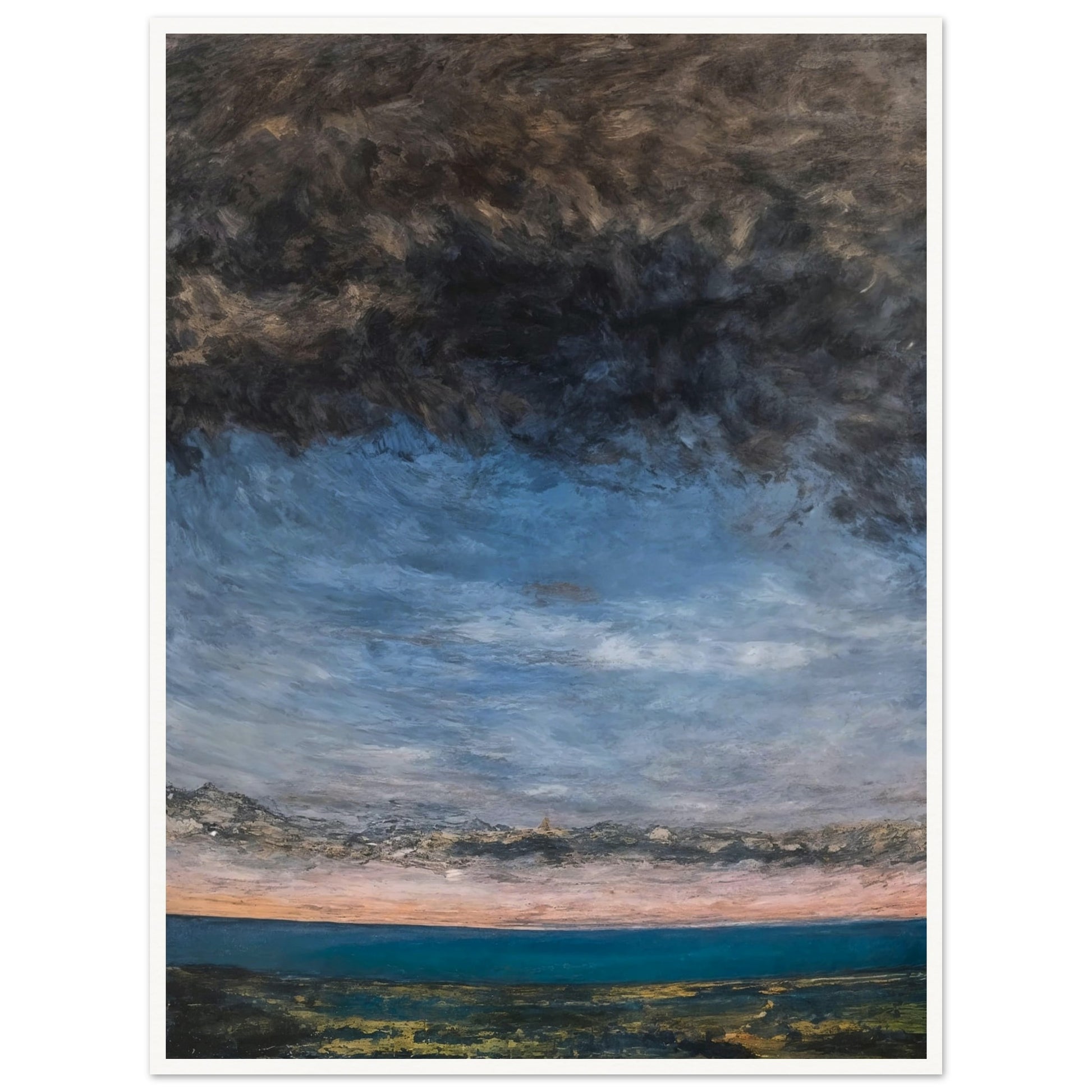 A landscape painting featuring a vast, dramatic sky with dark clouds and a hint of sunset over a calm, green terrain.