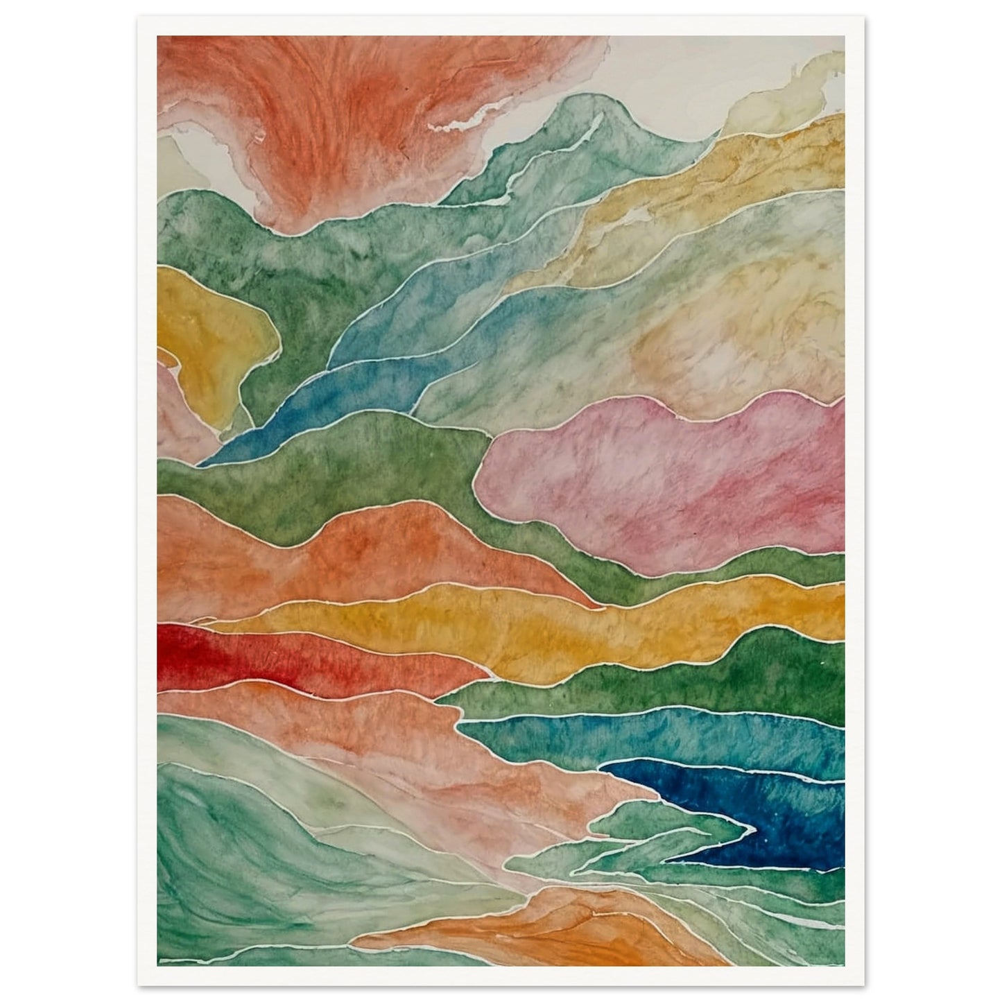 Abstract watercolor painting depicting fluid, layered mountains in a spectrum of colors, creating a sense of natural movement.