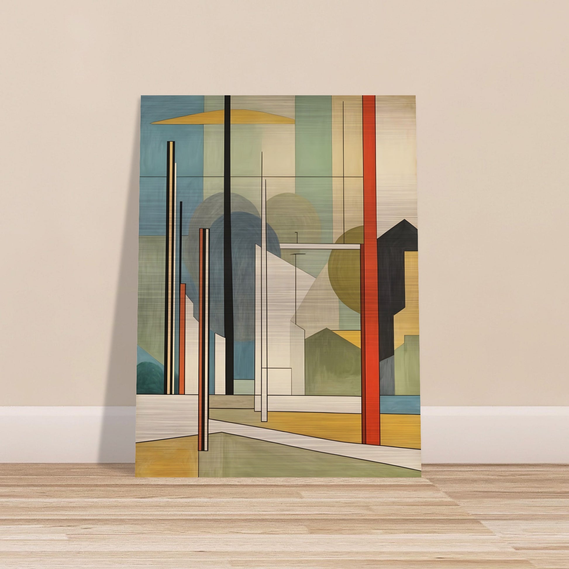 A geometric artwork featuring abstract buildings, trees, and poles with clean lines in earthy tones of green, yellow, red, and beige, creating a modern cityscape.