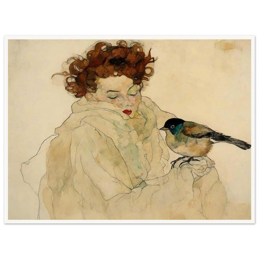 "A soft, expressive portrait of a woman with curly hair and a bird perched on her hand, both surrounded by gentle, muted tones."