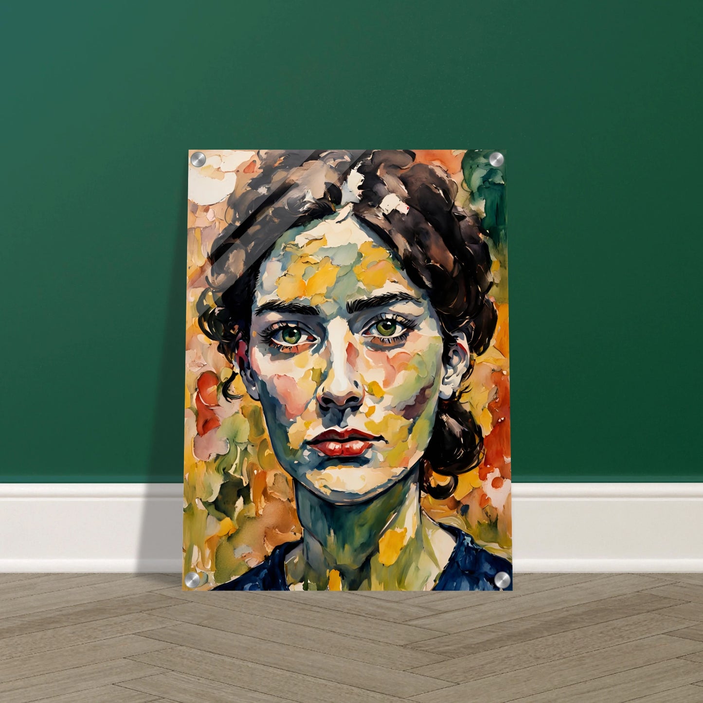 A vibrant portrait of a woman with deep green eyes, expressive red lips, and a textured face blending warm autumn hues in bold brushstrokes.