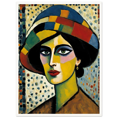 A striking portrait of a woman with bold, colorful facial features, wearing a patchwork hat against a textured mosaic background.