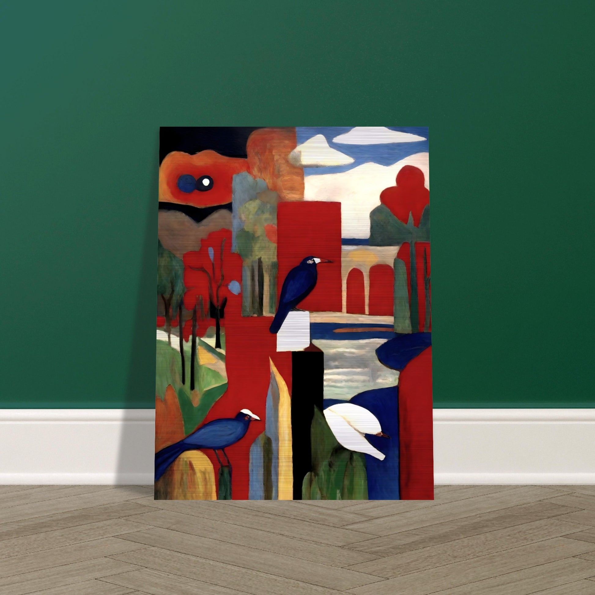 A modern abstract painting featuring blue and white birds perched in a vivid landscape with bold red, blue, and green geometric shapes and arches.