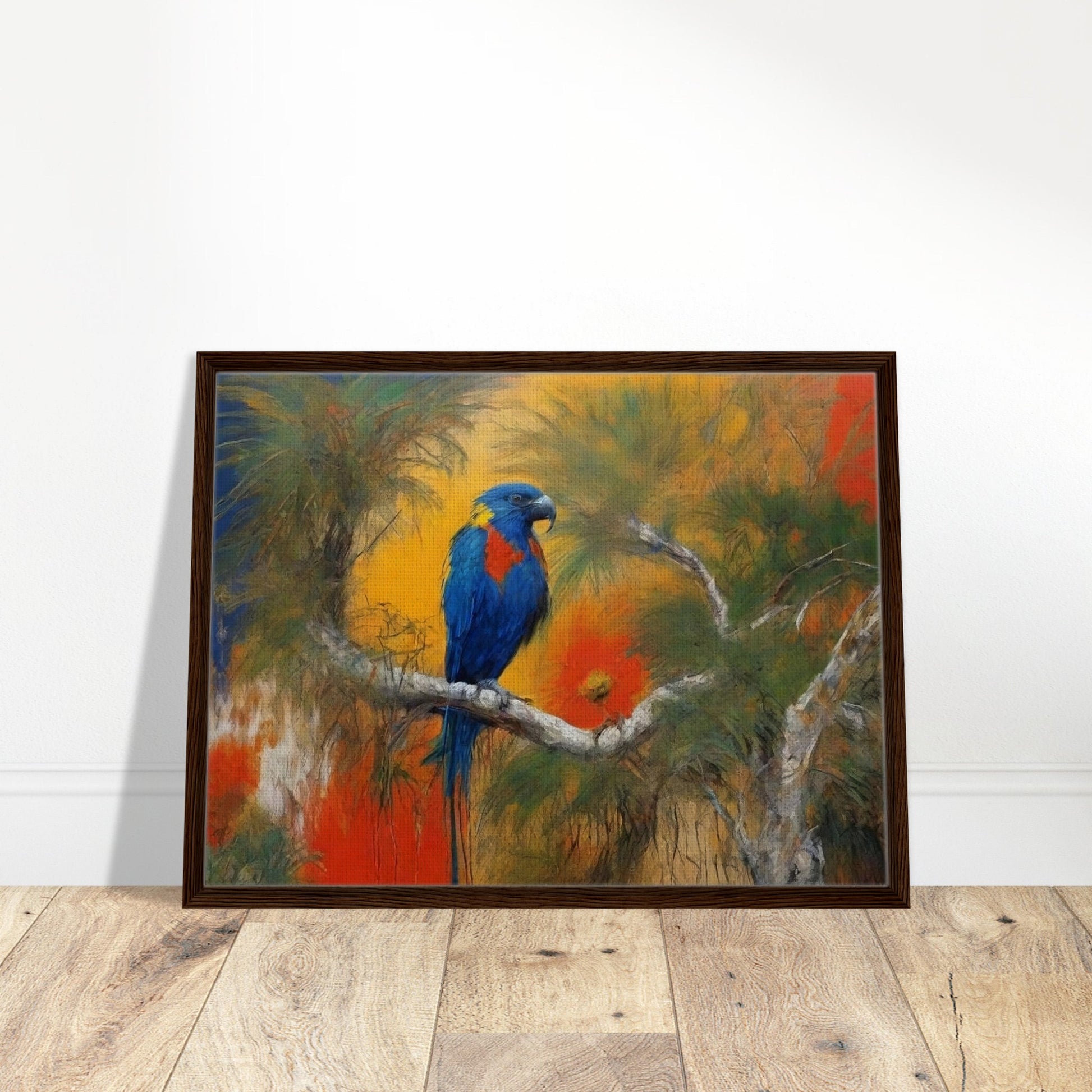 "A vibrant painting of a parrot with blue, red, and yellow feathers perched on a branch, set against a lush, tropical backdrop with rich orange and green hues."