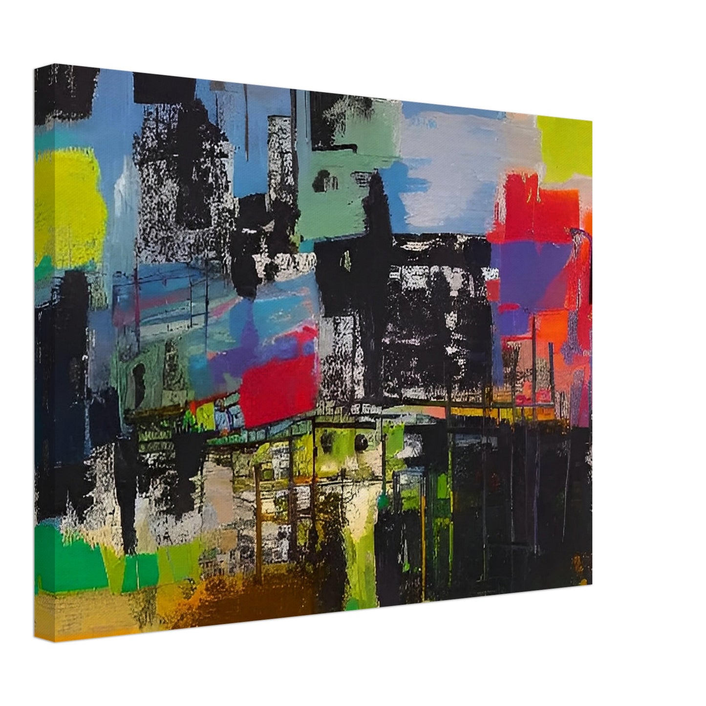 An abstract painting with bold colors and textures representing a bustling cityscape. The composition features vibrant blocks of green, blue, yellow, and red.