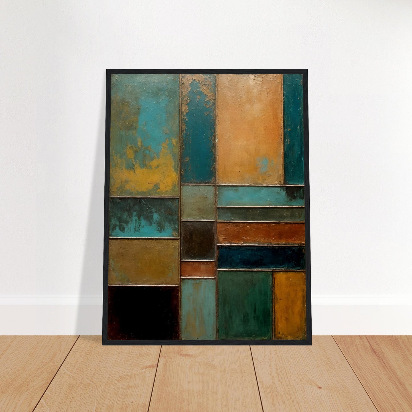 A textured abstract painting featuring geometric panels in shades of turquoise, rust, gold, and black, resembling weathered metal and patina.