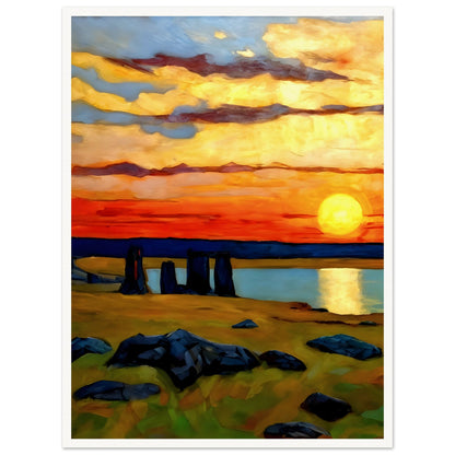 Captivating artwork of a vibrant sunset over a mysterious stone circle, with vivid orange skies and serene reflections on water.