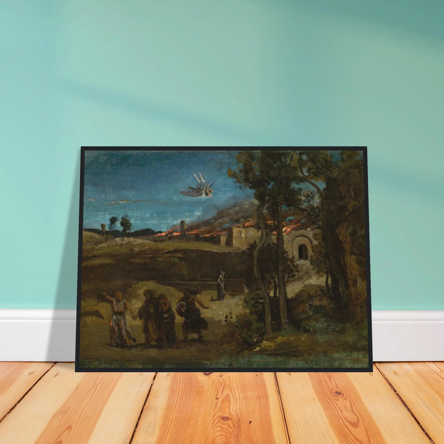 Angel casts fire over Sodom while figures flee through a dark biblical landscape