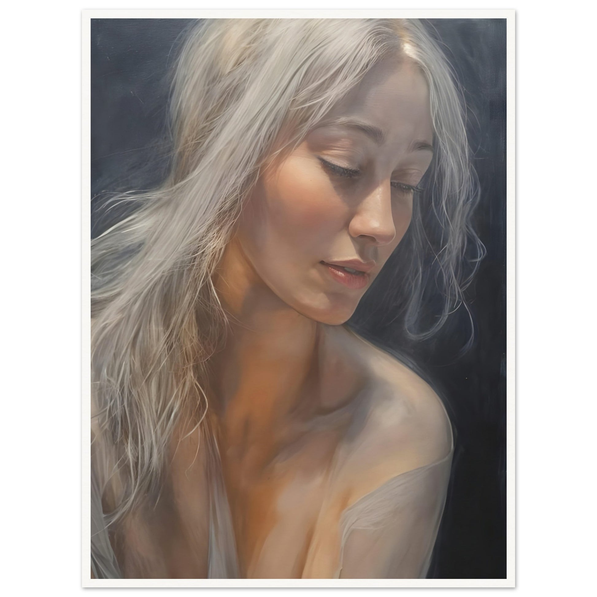 A delicate portrait of a woman with flowing silver hair, softly illuminated against a dark background, her eyes gently lowered in serene contemplation.