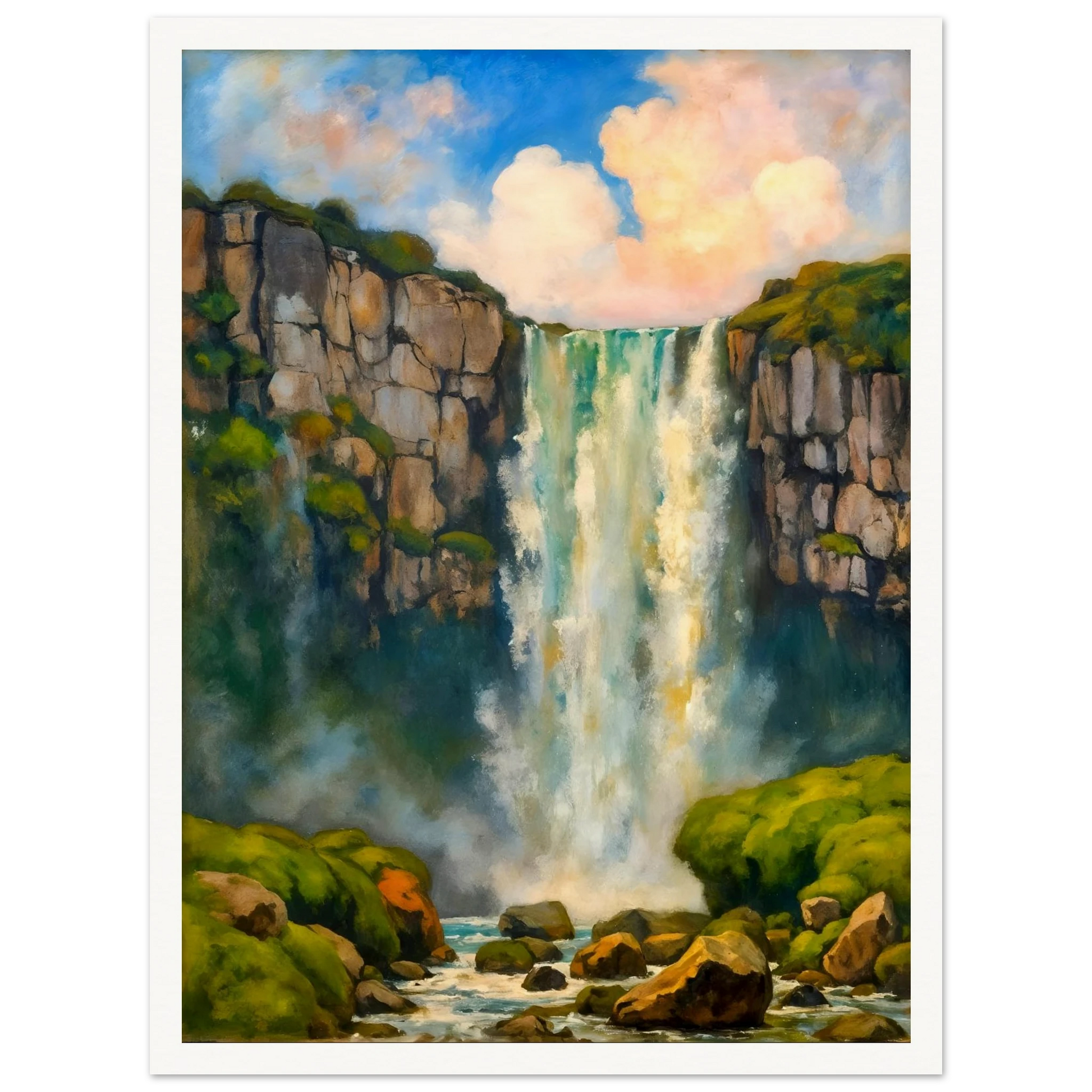 A majestic waterfall plunges between rocky cliffs into misty waters below, framed by lush green moss and glowing skies.