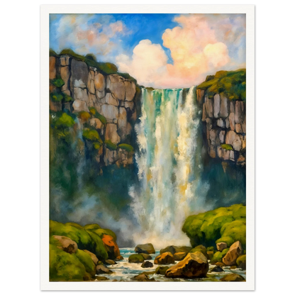 A majestic waterfall plunges between rocky cliffs into misty waters below, framed by lush green moss and glowing skies.