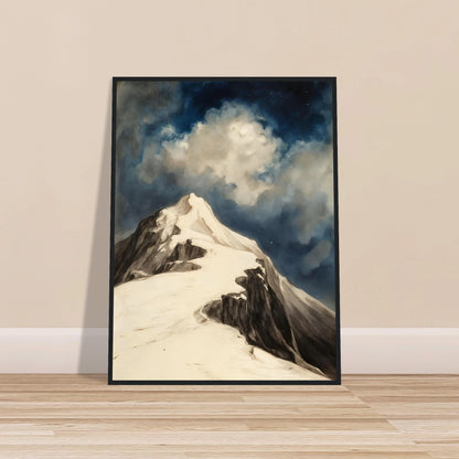 A snow-covered mountain peak rises beneath luminous clouds and a deep midnight sky, capturing solitude and awe.