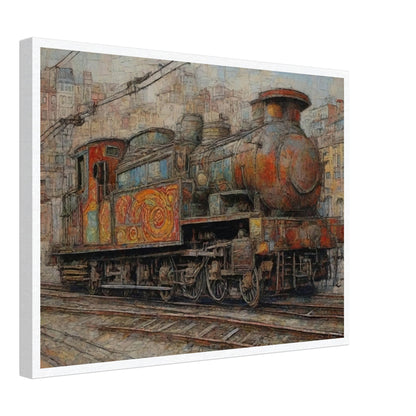 "A detailed painting of a colorful, weathered steam locomotive in an urban setting, showcasing intricate patterns and a sense of nostalgia for vintage travel."