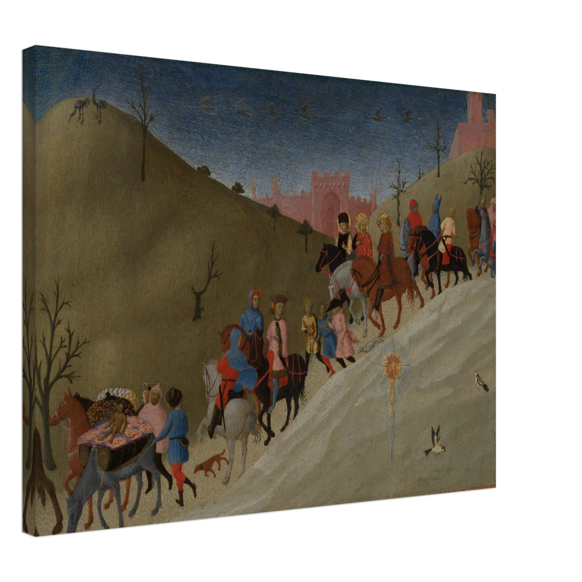 A procession of riders travels through rolling hills toward a pink city under a dark blue sky.
